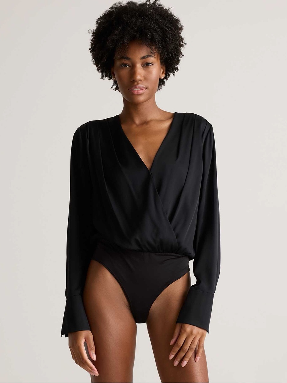 NWT Love Tree Women Black Satin Surplice V-Neck Long Sleeve Bodysuit S Party